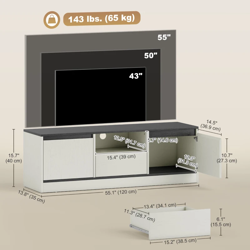 HOMCOM TV Stand for 43-55 Inch TV,  Entertainment Center w/ Cabinets, Shelf, Drawer and Cable Management for Living Room, White
