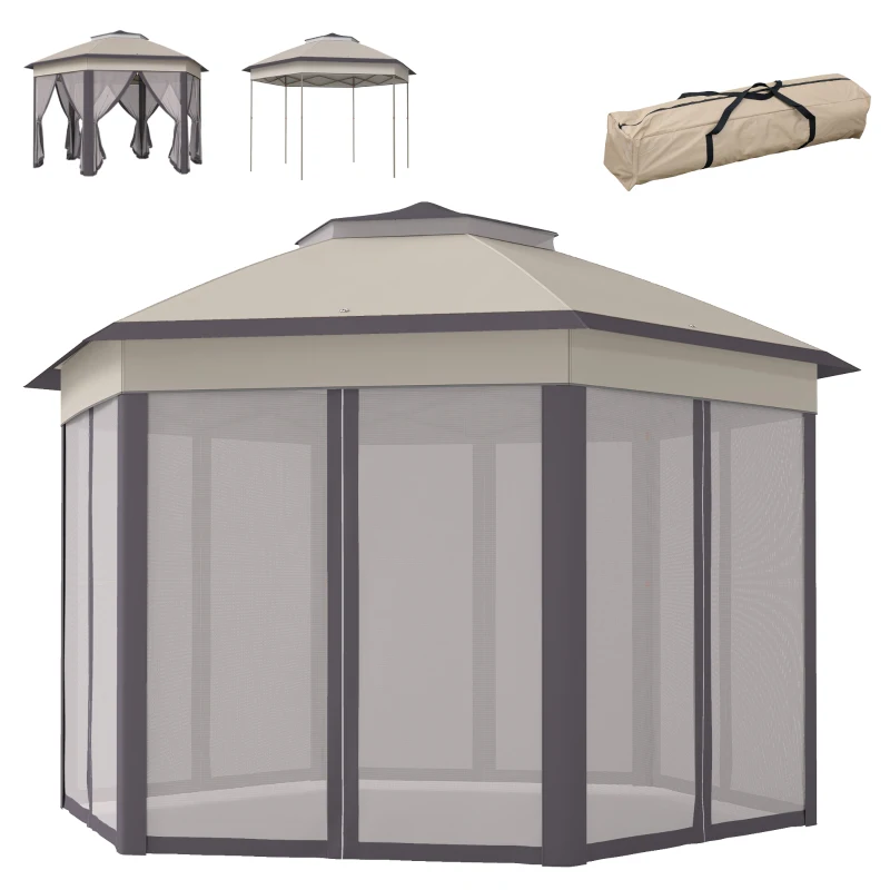 Outsunny 13' x 13' Pop Up Canopy Tent with Netting and Carry Bag, Instant Sun Shelter, Hexagon Tents for Parties, Outdoor, Garden, Patio, Coffee and Beige