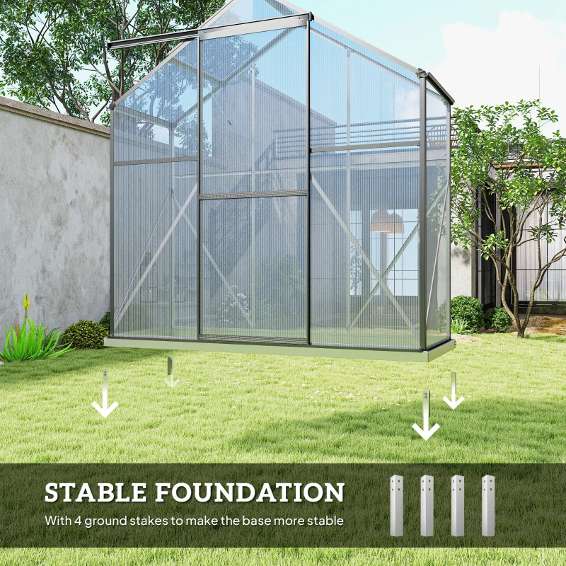 Outsunny 6' x 2.5' Walk-in Polycarbonate Greenhouse Aluminium Green House with Sliding Door, 5-Level Roof Vent, Rain Gutter