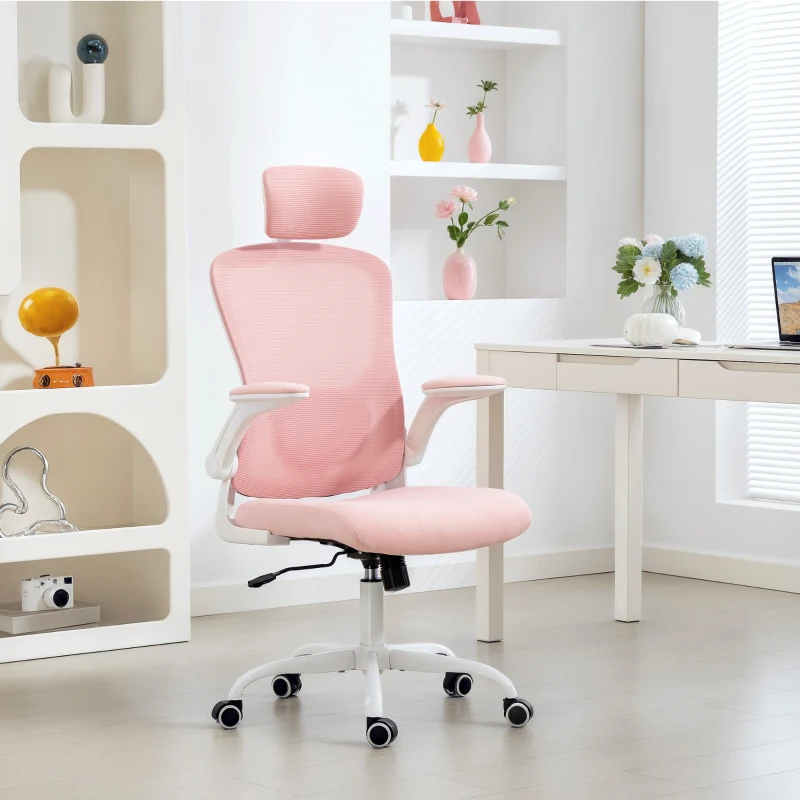 HOMCOM Ergonomic Office Chair, Mesh Desk Chair with Adjustable Headrest, Lumbar Support and Height, Flip-Up Armrests, Pink