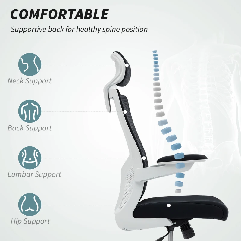HOMCOM Ergonomic Office Chair, Swivel Desk Chair with Adjustable Lumbar Support, Headrest and Height, Flip-up Armrests, Black