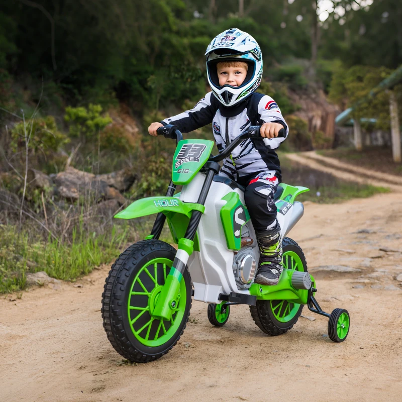 Aosom 12V Kids Motorcycle w/ Treaded Tires, 5mph Top Speed Electric Bike for Kids, Ride On Motorcycle w/ Training Wheels, Battery Charger, Spring Suspension, Green(m-2)
