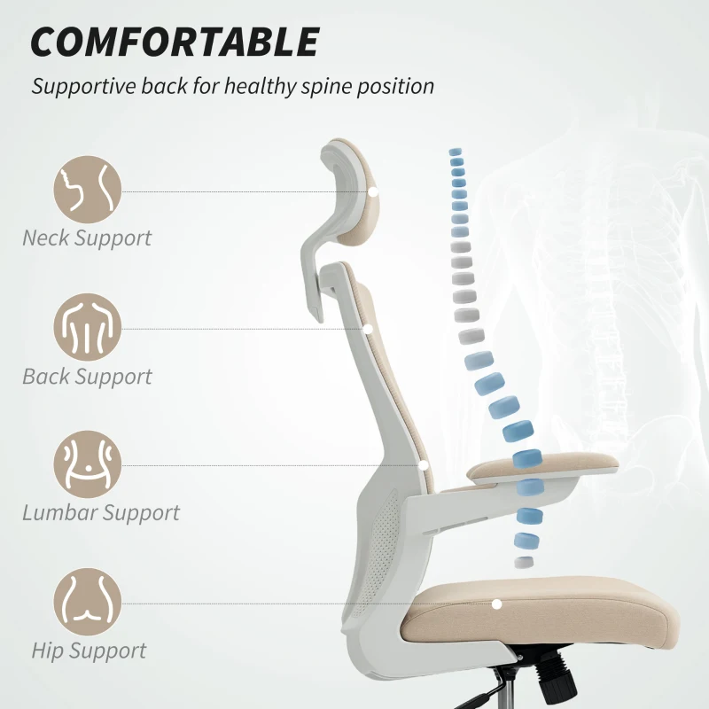 HOMCOM Ergonomic Office Chair, Swivel Desk Chair with Adjustable Lumbar Support, Headrest and Height, Flip-up Armrests, Beige