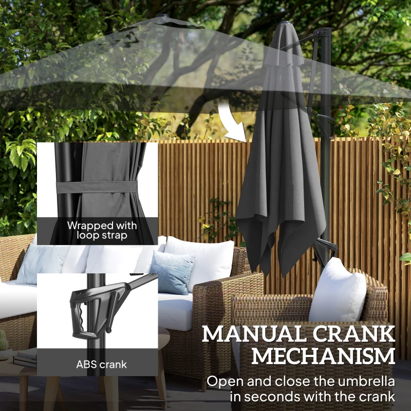 Outsunny 8FT Cantilever Patio Umbrella, Square Outdoor Offset Umbrella with 360° Rotation, Aluminum Hanging Umbrella with 3-Position Tilt, Crank & Cross Base for Garden, Dark Gray
