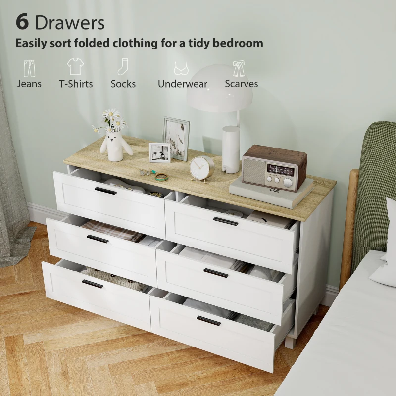 HOMCOM 47" Wide Chest of Drawers, Modern Dresser with 6 Drawers and Wood Legs for Bedroom, Living Room, Entryway, White