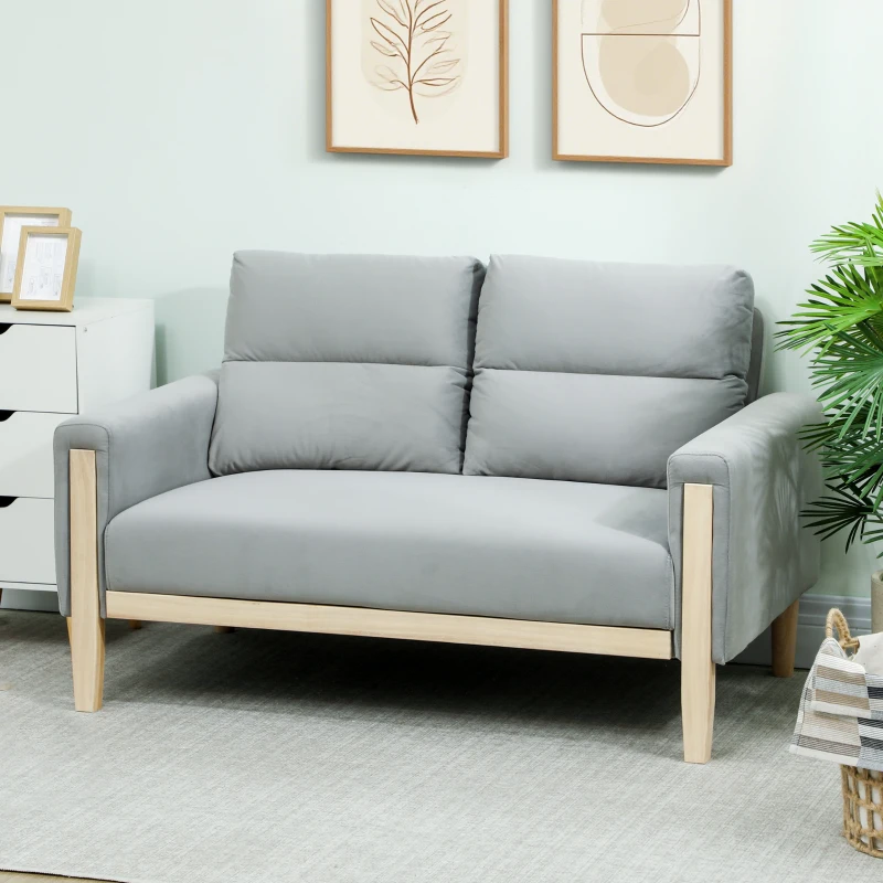 HOMCOM 53" Loveseat Sofa, Small 2 Seater Couch with Solid Wood Legs, Modern Velvet Sofa for Living Room, Small Spaces, Grey