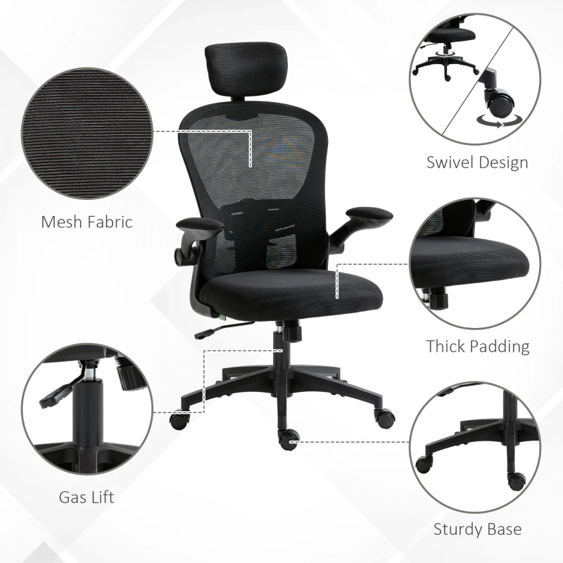 Vinsetto Office Chair, Mesh Computer Desk Chair with Adjustable Headrest, 4D Lumbar Support, Flip-up Arm, Black