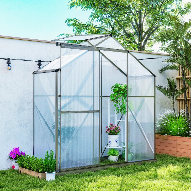 Outsunny 6' x 2.5' Walk-in Polycarbonate Greenhouse Aluminium Green House with Sliding Door, 5-Level Roof Vent, Rain Gutter