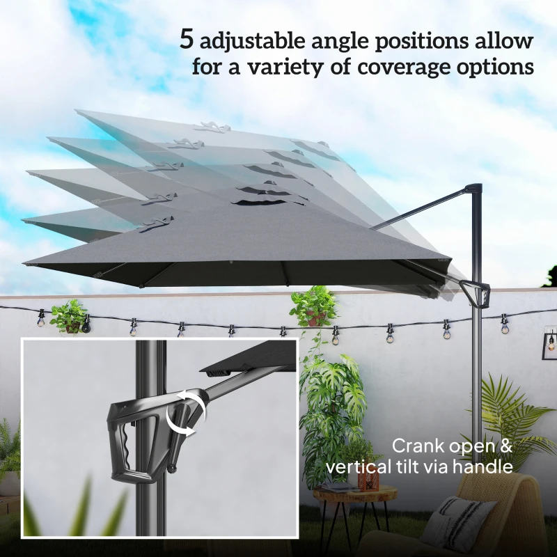 Outsunny 8FT Cantilever Patio Umbrella, Square Outdoor Offset Umbrella with 360° Rotation, Aluminum Hanging Umbrella with 3-Position Tilt, Crank & Cross Base for Garden, Dark Gray