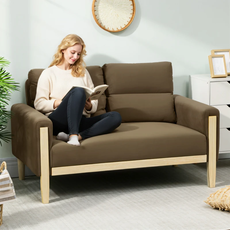 HOMCOM 53" Loveseat Sofa, Small 2 Seater Couch with Solid Wood Legs, Modern Velvet Sofa for Living Room, Small Spaces,Brown