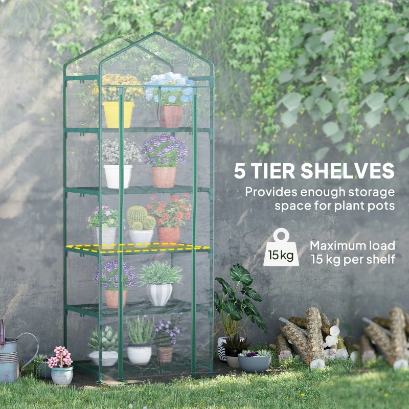 Outsunny 5 Tier Mini Greenhouse, Portable Outdoor Flower Stand with Shelf Clips, Indoor Greenhouse with Steel Frame, Transparent, 27.25" x 19.25" x 76", Clear