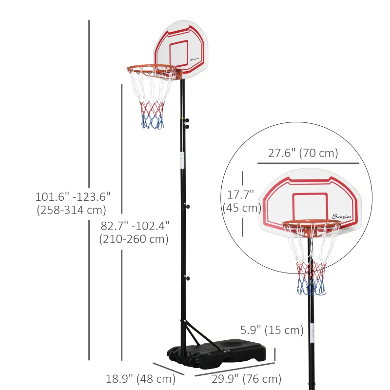 HOMCOM 7-8.5ft Basketball Hoop, Freestanding Basketball System with 27.5" Shatterproof Backboard and Wheels, White