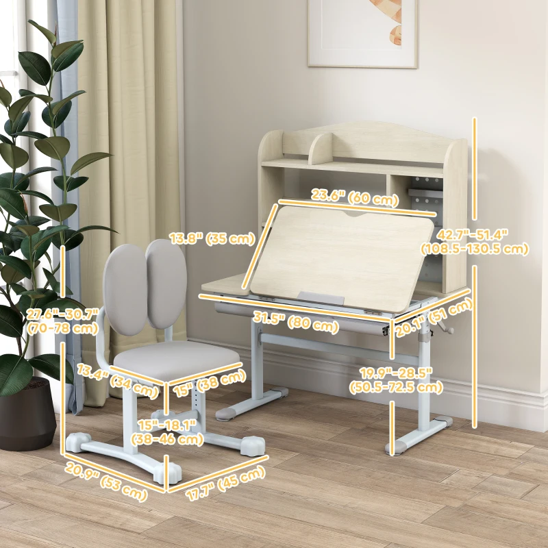 Qaba Kids Desk and Chair Set with Tilting Desktop, Adjustable Height, Drawer and Shelves for Boys Girls Ages 3-12, Grey