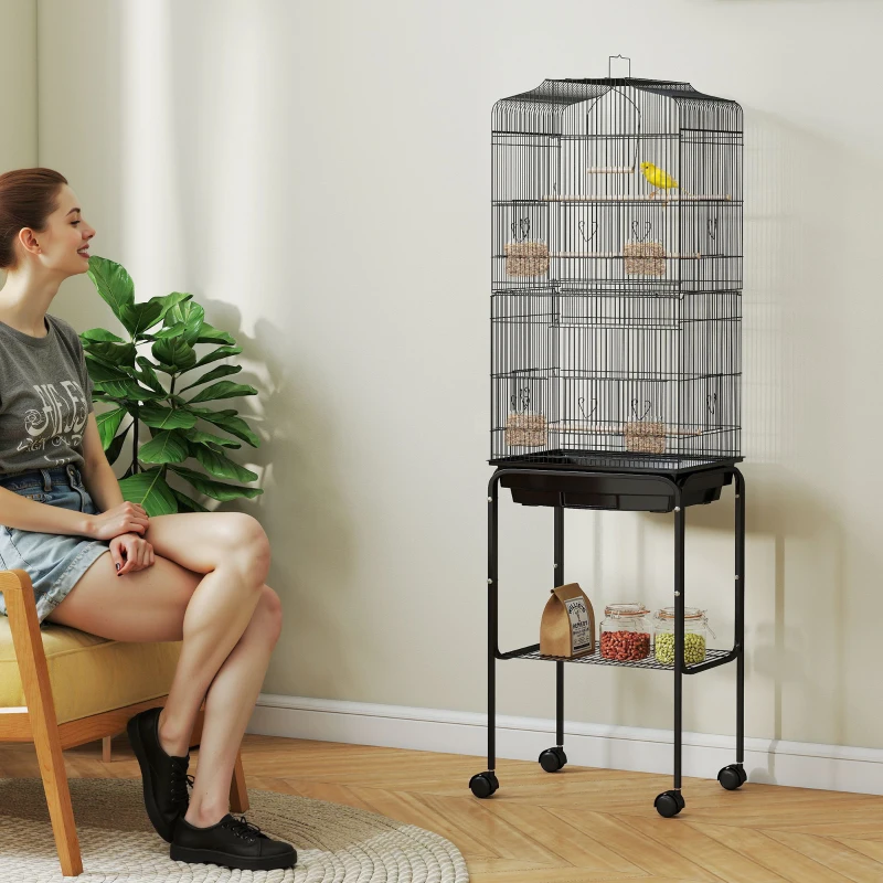 PawHut 62" Rolling Bird Cage Cockatoo House Play Top Finch Pet Supply with Storage Shelf, Wheels - Black
