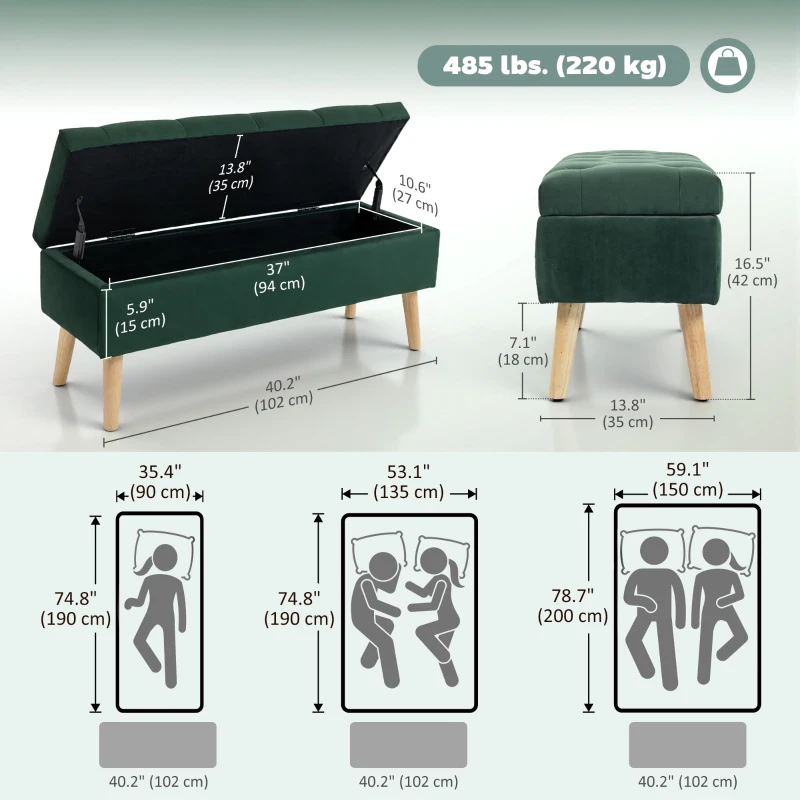 HOMCOM Storage Ottoman with Lid, Velvet Upholstered Storage Bench with Wood Legs for Living Room, Dark Green