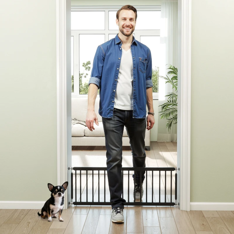 PawHut 26"-37" Dog Gate, Adjustable Pet Gate, Fits 14" Tall with 2 Extension, Pressure Mount Kit for Stairs and Doorways, Black