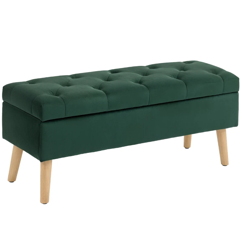 HOMCOM Storage Ottoman with Lid, Velvet Upholstered Storage Bench with Wood Legs for Living Room, Dark Green