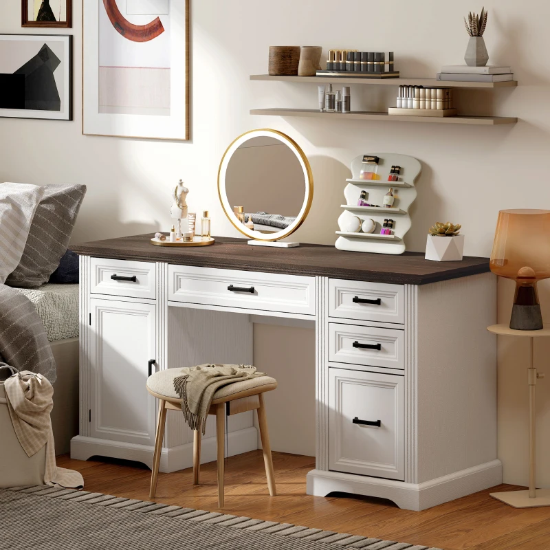 HOMCOM 58" Home Office Desk with Soft-Close Drawers, Farmhouse Executive Desk with File Drawer for Letter Size, White