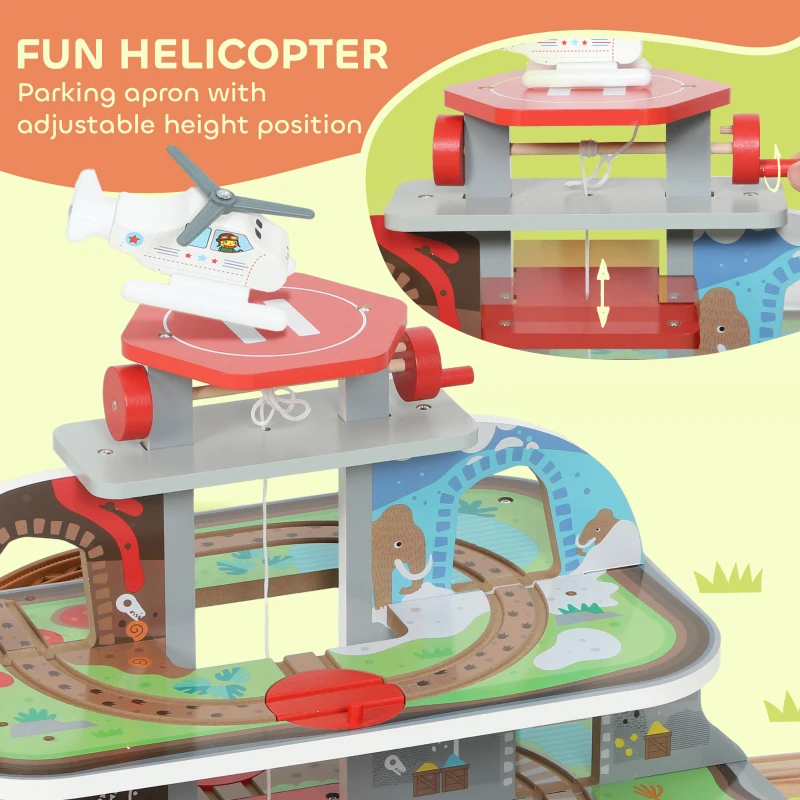 Qaba 79Pcs Wooden Train Set Mine Themed with Crane, Helicopter, Track & Accessories, for Boys & Girls 3+ Years Old