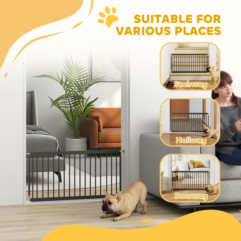 PawHut 26"-37" Dog Gate, Adjustable Pet Gate, Fits 18" Tall with 2 Extension, Pressure Mount Kit for Stairs and Doorways, Black