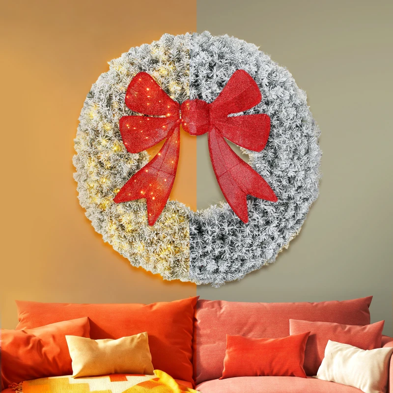 HOMCOM 60in Flocked Pre-Lit Christmas Wreath with 3D Red Bow, 11 Lighting Modes, Front Door Christmas Wreath with Remote
