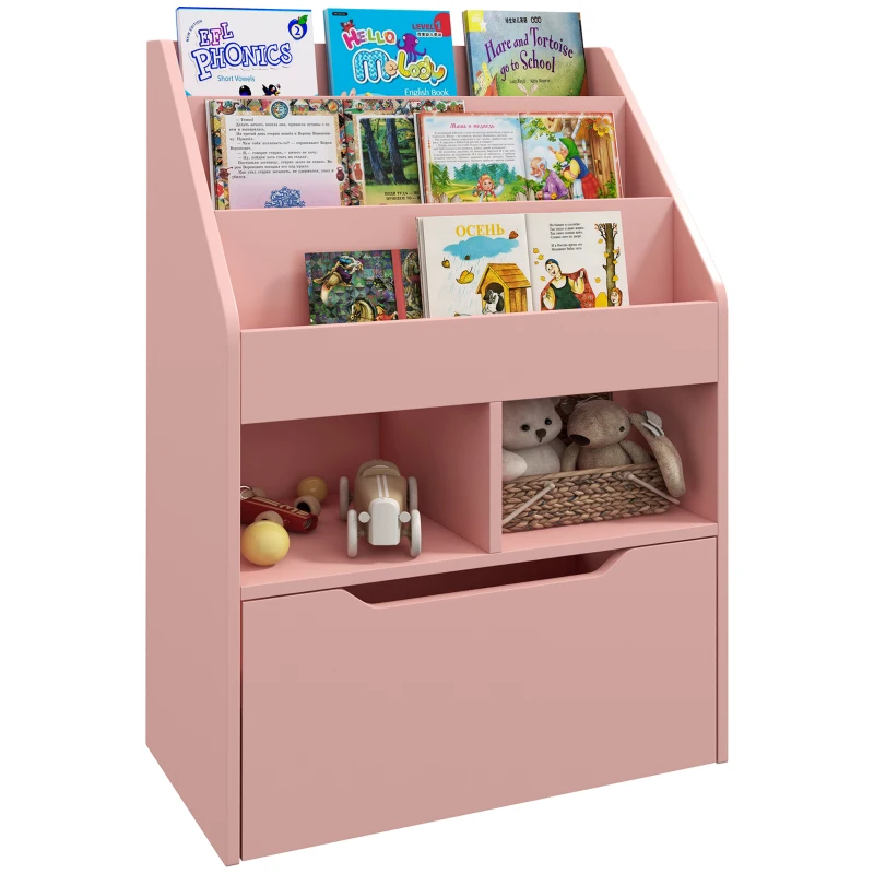 HOMCOM Kids Bookcase Multi-Shelf Book Rack with Mobile Drawer for Books, Toys, Pink