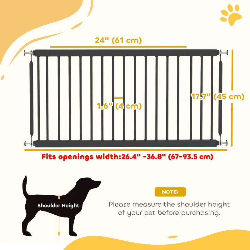 PawHut 26"-37" Dog Gate, Adjustable Pet Gate, Fits 18" Tall with 2 Extension, Pressure Mount Kit for Stairs and Doorways, Black
