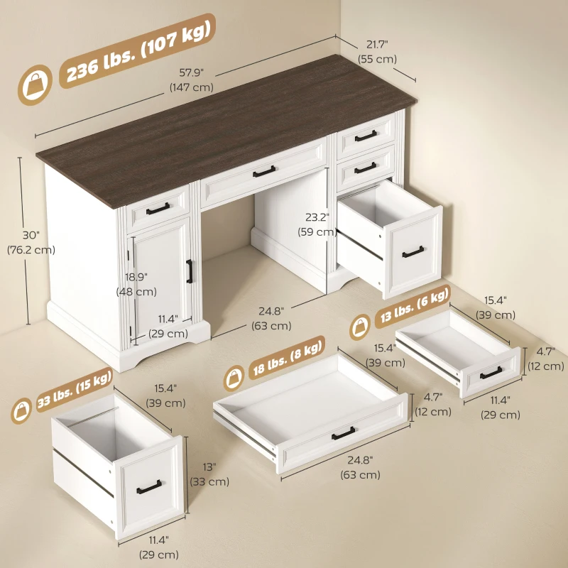 HOMCOM 58" Home Office Desk with Soft-Close Drawers, Farmhouse Executive Desk with File Drawer for Letter Size, White