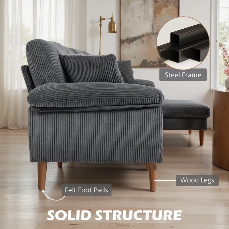 HOMCOM L-Shape Sofa, Modern Sectional Couch with Changeable Chaise Lounge, Pillows and Wooden Legs for Living Room, Dark Grey