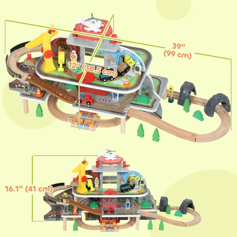 Qaba 79Pcs Wooden Train Set Mine Themed with Crane, Helicopter, Track & Accessories, for Boys & Girls 3+ Years Old