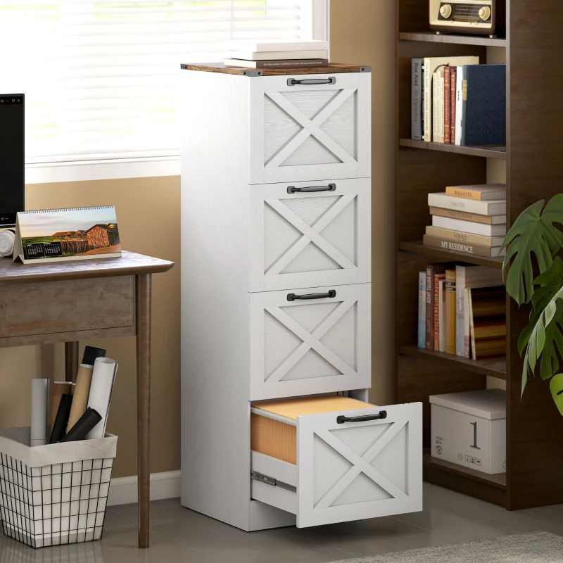 HOMCOM 4 Drawer File Cabinet with Silent Slides, Vertical Farmhouse Filing Cabinet Fits Letter/A4 Size Home Office, White