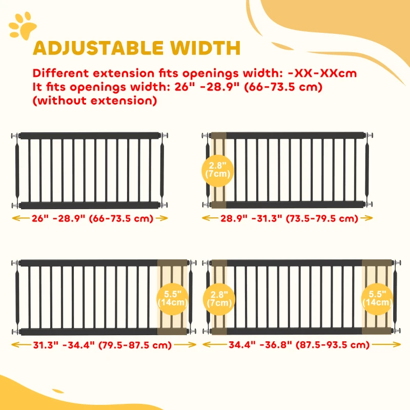 PawHut 26"-37" Dog Gate, Adjustable Pet Gate, Fits 14" Tall with 2 Extension, Pressure Mount Kit for Stairs and Doorways, Black