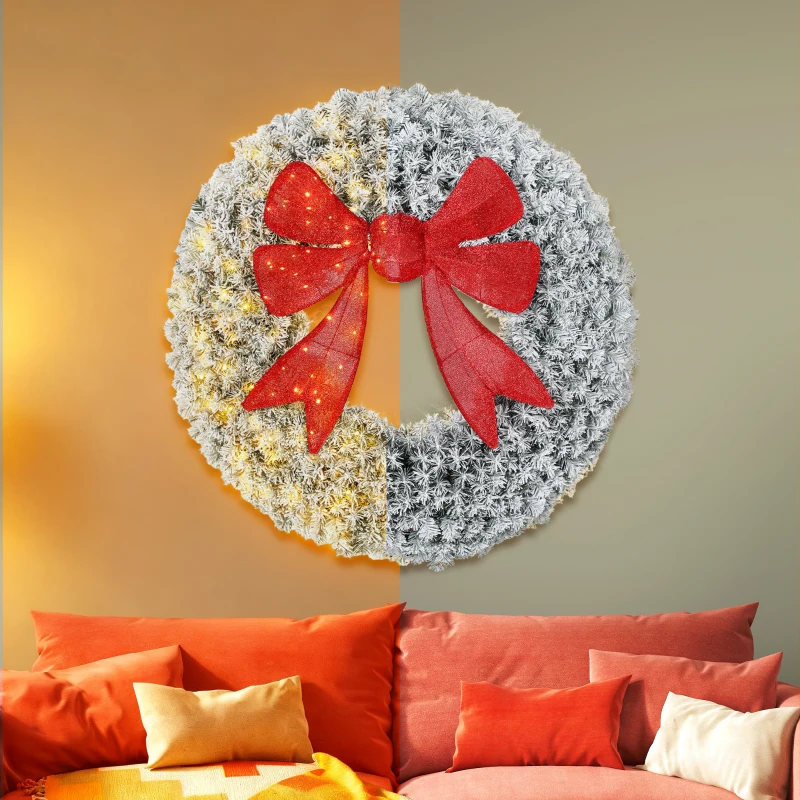 HOMCOM 48in Flocked Pre-Lit Christmas Wreath with 3D Red Bow, 11 Lighting Modes, Front Door Christmas Wreath with Remote