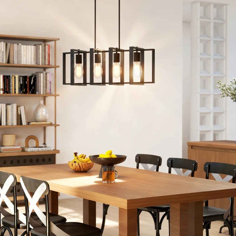 HOMCOM Farmhouse Kitchen Island Lighting, Linear Pendant Light with 4 Rotatable Frames and Adjustable Height, Black