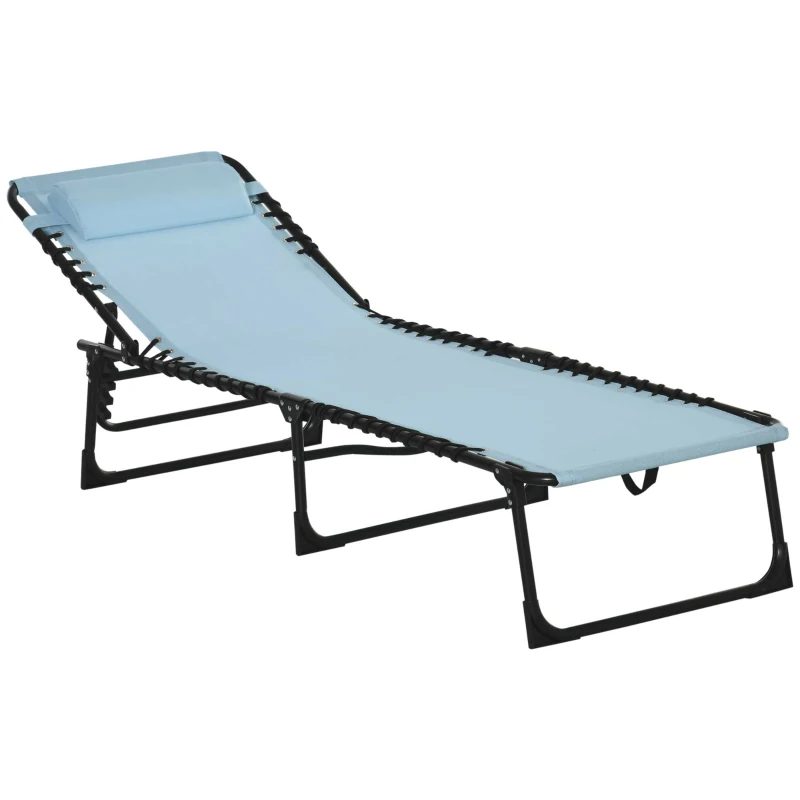 Outsunny Folding Chaise Lounge Pool Chair with 4-Position Reclining Back, Pillow, Breathable Mesh & Bungee Seat, Baby Blue