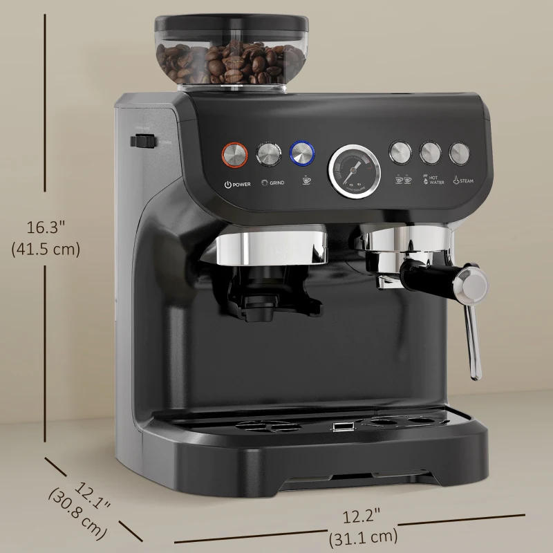 HOMCOM Espresso Machine, 15 Bar Barista Coffee Maker with Milk Frother, Fast Heating, Grinder for Espresso, Latte, Cappuccino