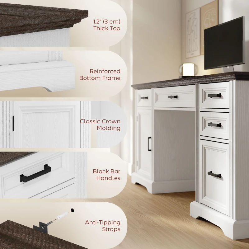 HOMCOM 58" Home Office Desk with Soft-Close Drawers, Farmhouse Executive Desk with File Drawer for Letter Size, White