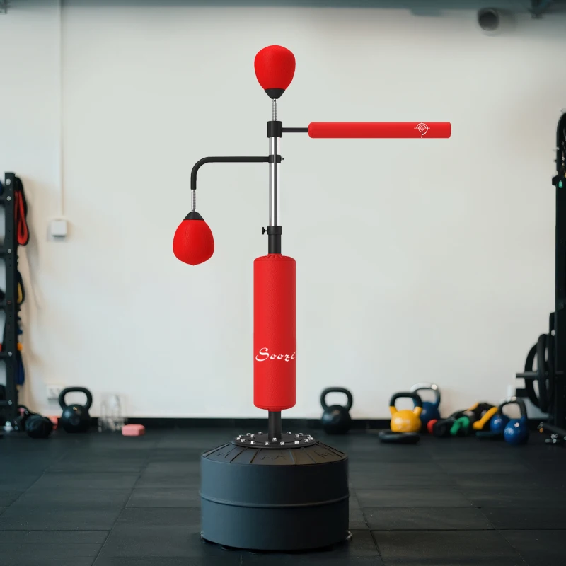 Soozier 4-in-1 Boxing Punching Bag Stand with 2 Speedballs, 360° Relax Bar, & PU-Wrapped Bag & Adjustable Height, Red