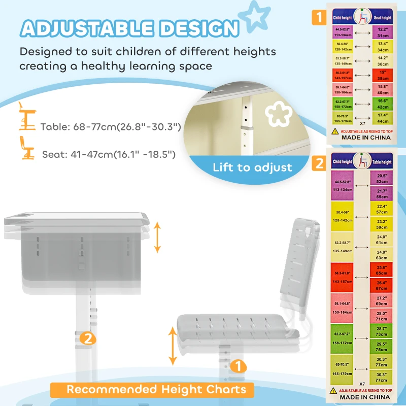 Qaba Kids Desk and Chair Set, Height Adjustable Children Study Desk and Chair with Drawer, Study Table for Bedroom, Grey