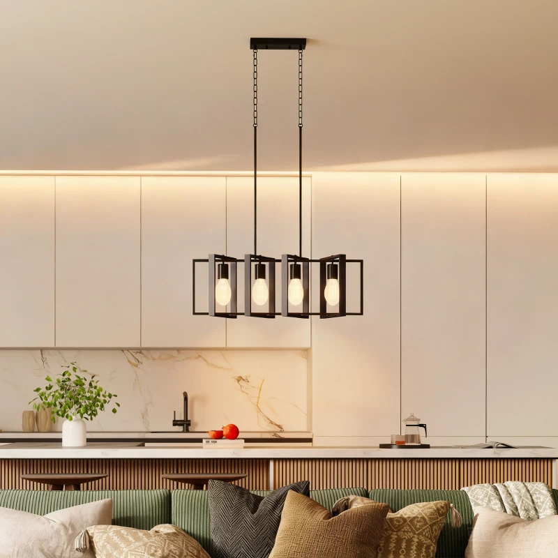 HOMCOM Farmhouse Kitchen Island Lighting, Linear Pendant Light with 4 Rotatable Frames and Adjustable Height, Black