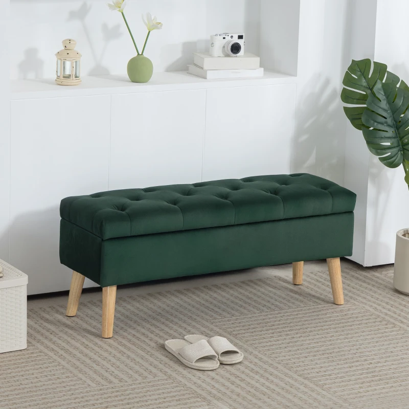 HOMCOM Storage Ottoman with Lid, Velvet Upholstered Storage Bench with Wood Legs for Living Room, Dark Green
