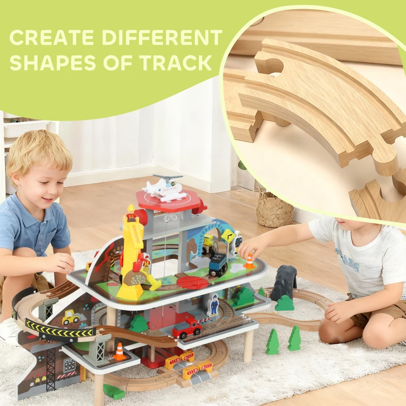 Qaba 79Pcs Wooden Train Set Mine Themed with Crane, Helicopter, Track & Accessories, for Boys & Girls 3+ Years Old