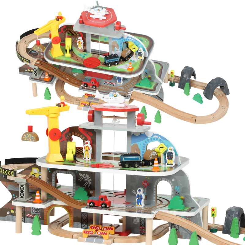 Qaba 79Pcs Wooden Train Set Mine Themed with Crane, Helicopter, Track & Accessories, for Boys & Girls 3+ Years Old