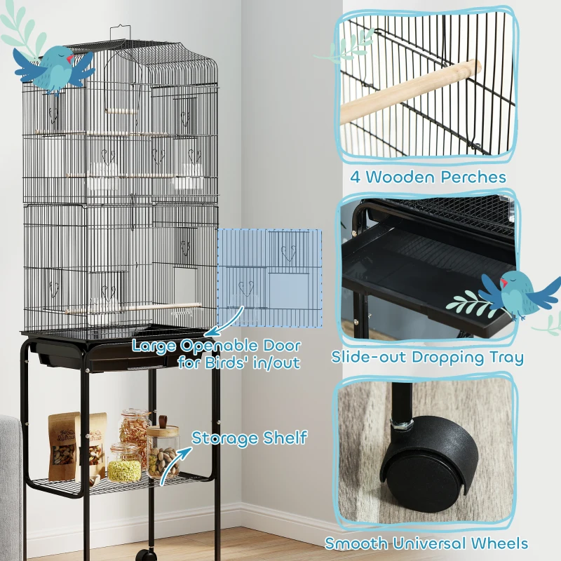 PawHut 62" Rolling Bird Cage Cockatoo House Play Top Finch Pet Supply with Storage Shelf, Wheels - Black