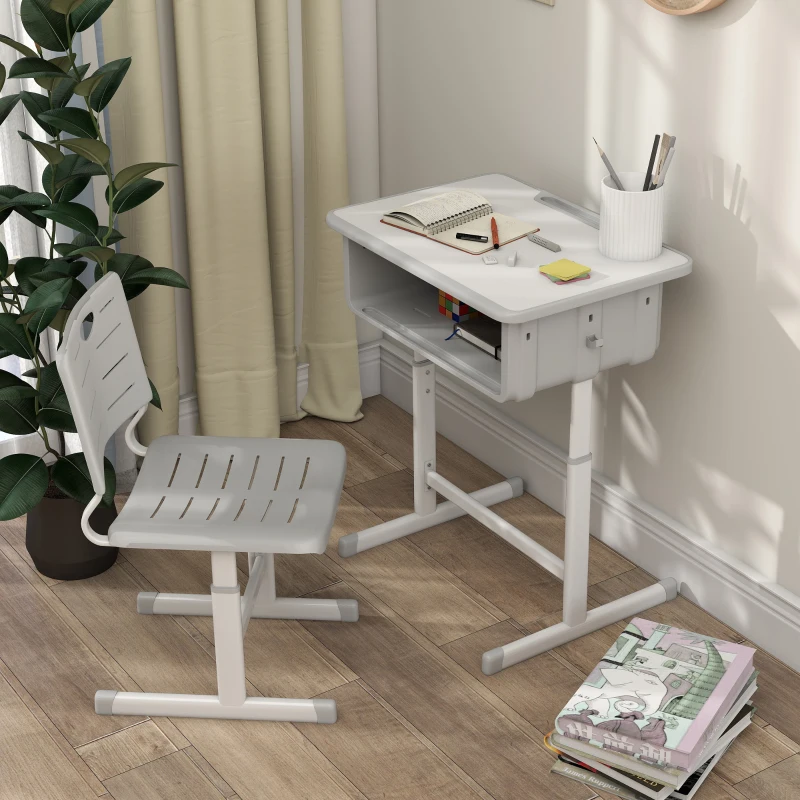 Qaba Kids Desk and Chair Set, Height Adjustable Children Study Desk and Chair with Drawer, Study Table for Bedroom, Grey