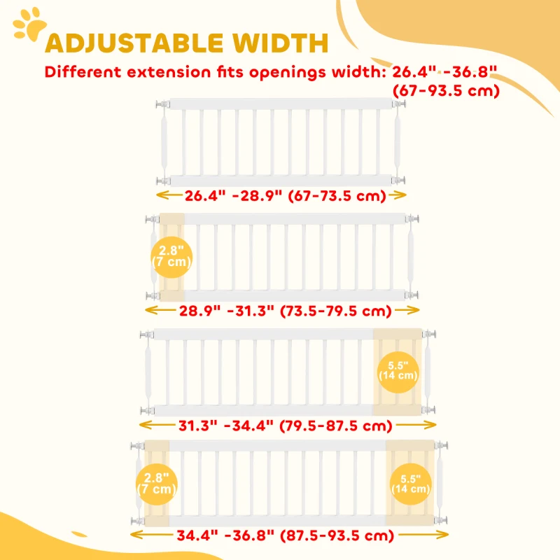 PawHut 26"-37" Dog Gate, Adjustable Pet Gate, Fits 10" Tall with 2 Extension, Pressure Mount Kit for Stairs and Doorways, White
