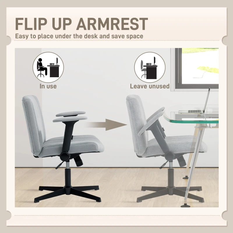 HOMCOM Criss Cross Chair with Flip-up Armrests, Wide Office Chair with Adjustable Height, Tilting, No Wheels, Grey