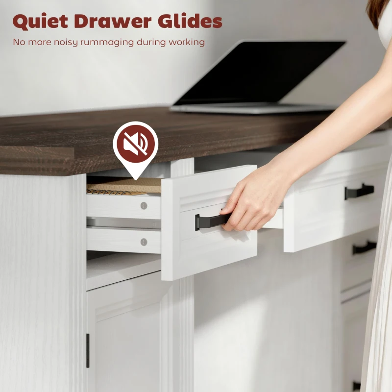 HOMCOM 58" Home Office Desk with Soft-Close Drawers, Farmhouse Executive Desk with File Drawer for Letter Size, White