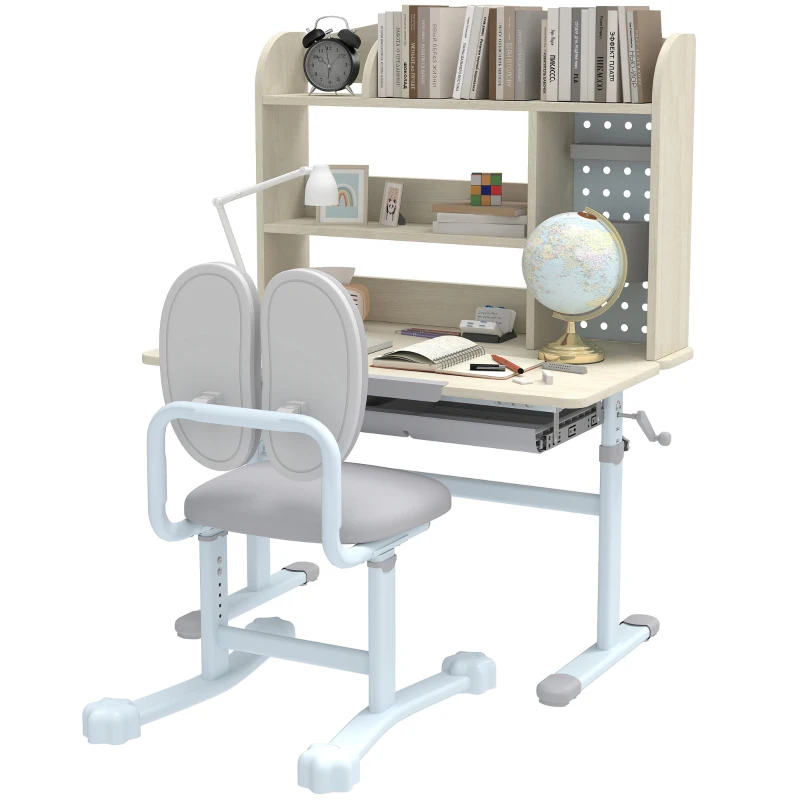 Qaba Kids Desk and Chair Set with Tilting Desktop, Adjustable Height, Drawer and Shelves for Boys Girls Ages 3-12, Grey