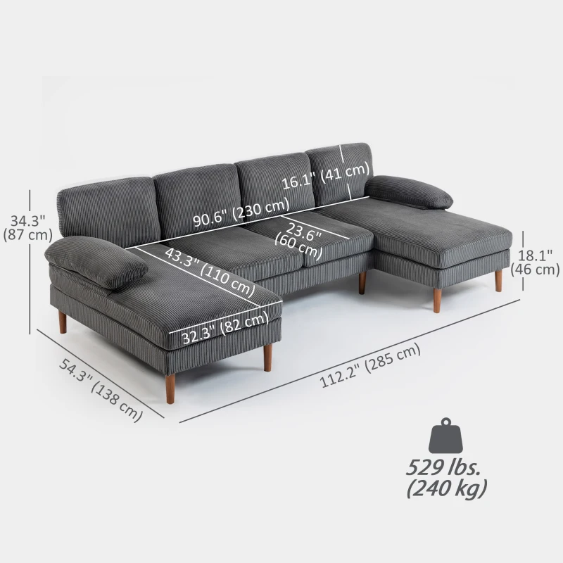 HOMCOM U Shape Couch with Double Chaise Lounge, Modern 4 Seater Sofa with Wooden Legs, Fabric Sofa for Living Room, Dark Grey